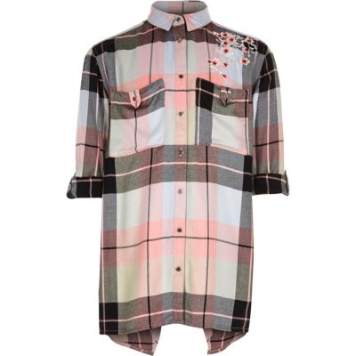 Girls pink check floral embroidered shirt